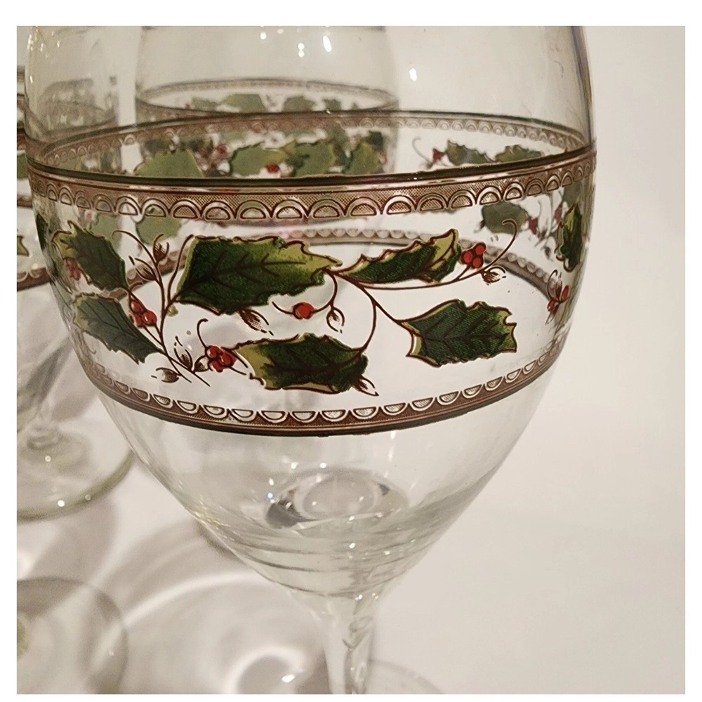 4 Crystal Home For The Holidays Water Wine Goblets Glasses Christmas Holly NIB - Picture 2 of 3